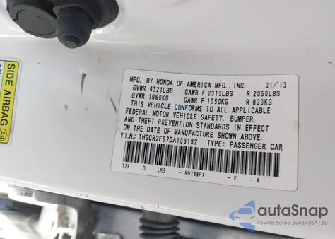 2013 Honda Accord Ex-L z USA, uszkodzony, nr VIN 1HGCR2F87DA108192